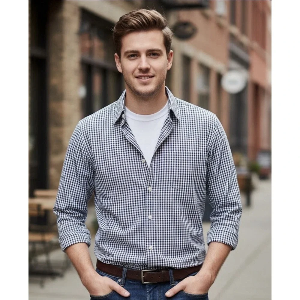 J.Crew Mens Slim Fit Button Up Shirt Black White Gingham Plaid Size Small
